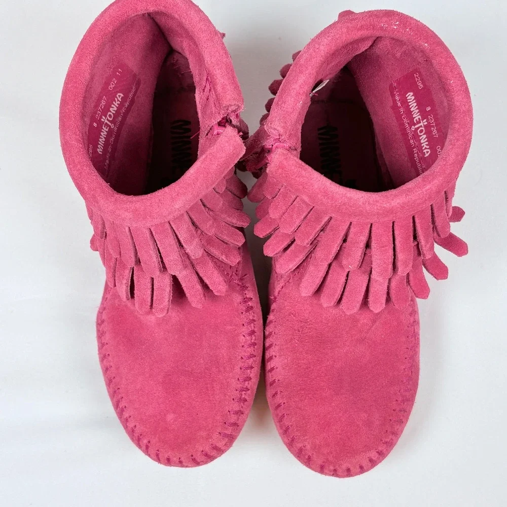 Minnetonka Toddler Hot Pink Suede Fringe Back Zip Moccasin Booties Sz 8 Cowgirl
